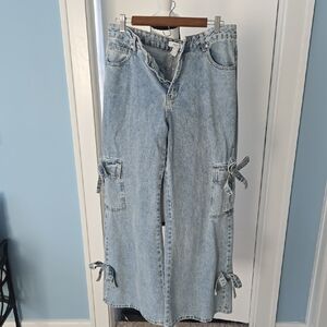 Forever 21 Light Blue Flare Jeans with Side Ties Cargo Wide Leg 29 Y2k